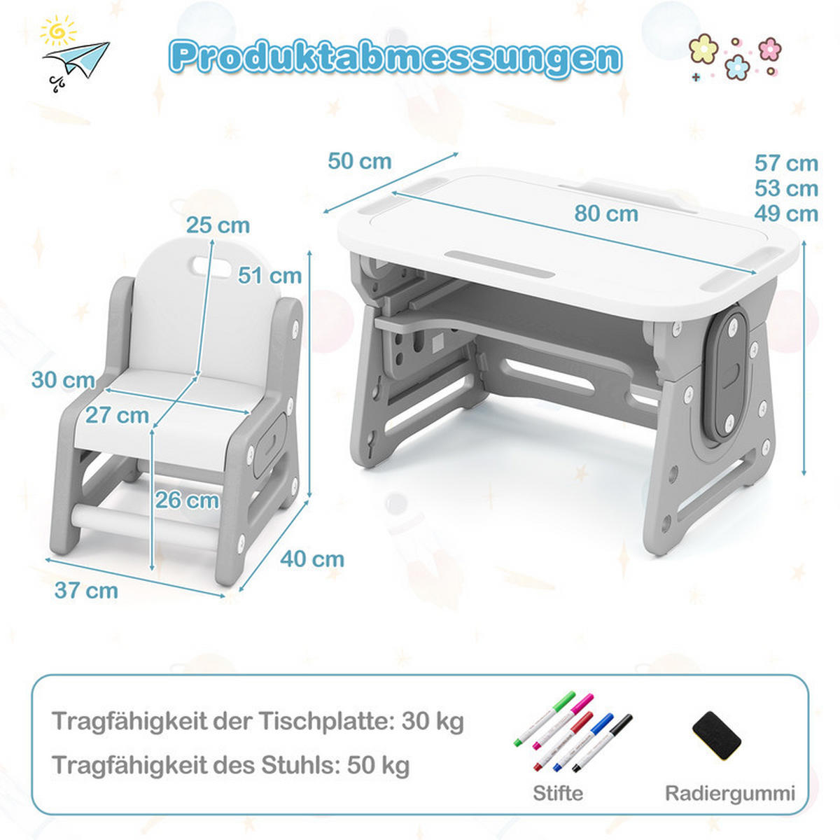 KINDERTISCH-STUHL-SET mit Höhenverstellung grau(2-tlg) - Grau, Kunststoff (80/49/50cm) - COSTWAY