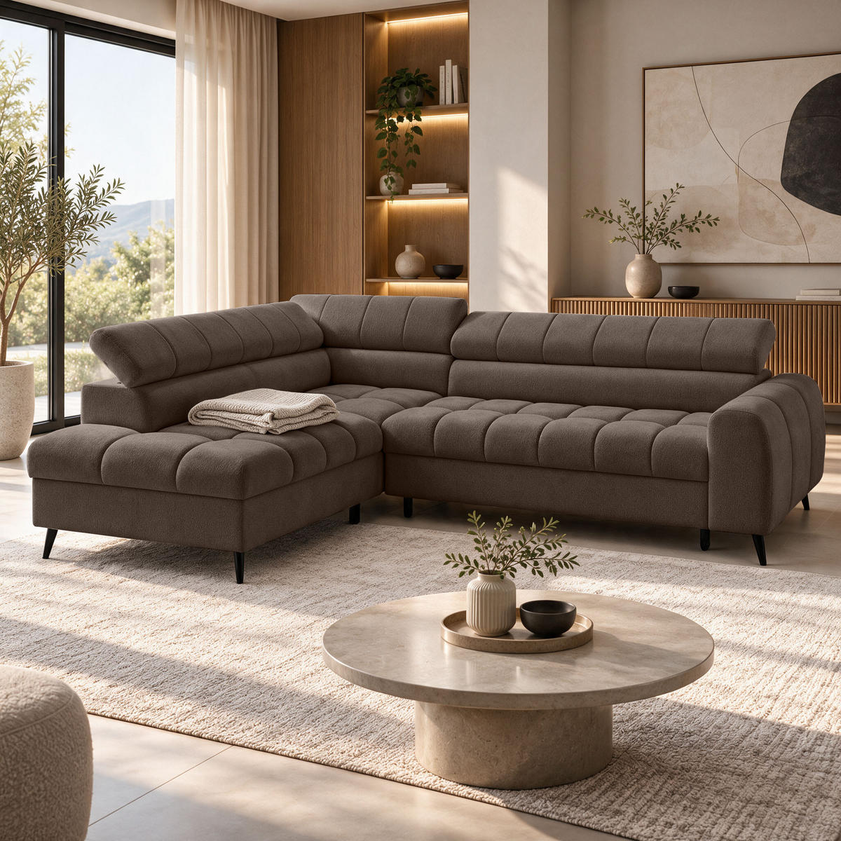 ECKSCHLAFSOFA Vinni Braun, Chenille-Stoff, links - Braun, Textil (265/205cm) - Beautysofa