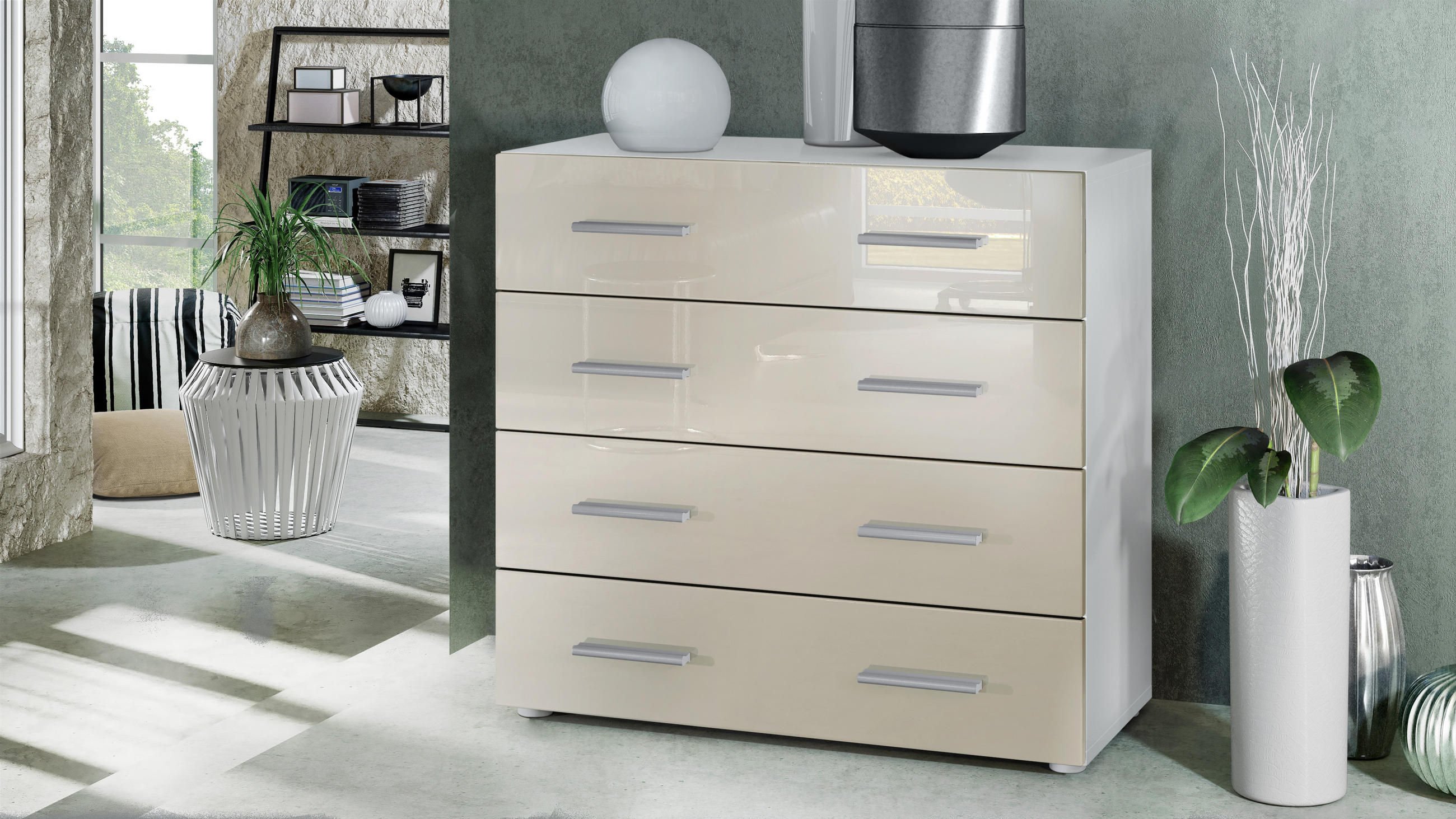 KOMMODE Pavos Creme Hochglanz - Creme, Holzwerkstoff (76/72/35cm) - Vladon