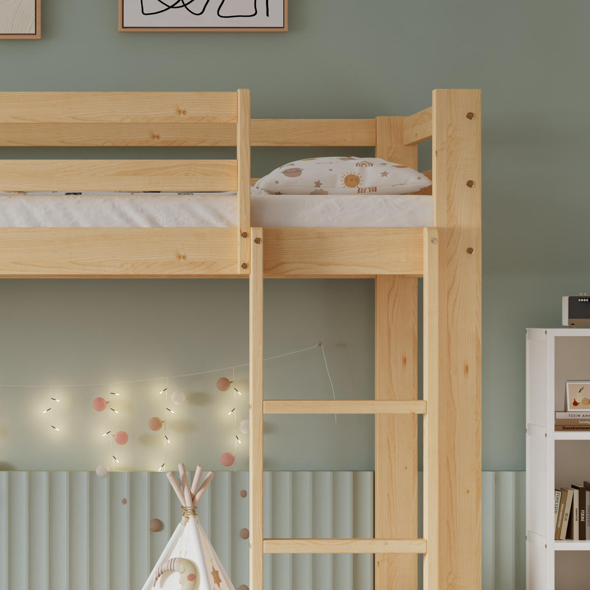 ETAGENBETT 90/200 cm natur aus Kiefer mit rechtwinkliger Treppe - Naturfarben, Holz (90/200cm) - OKWISH