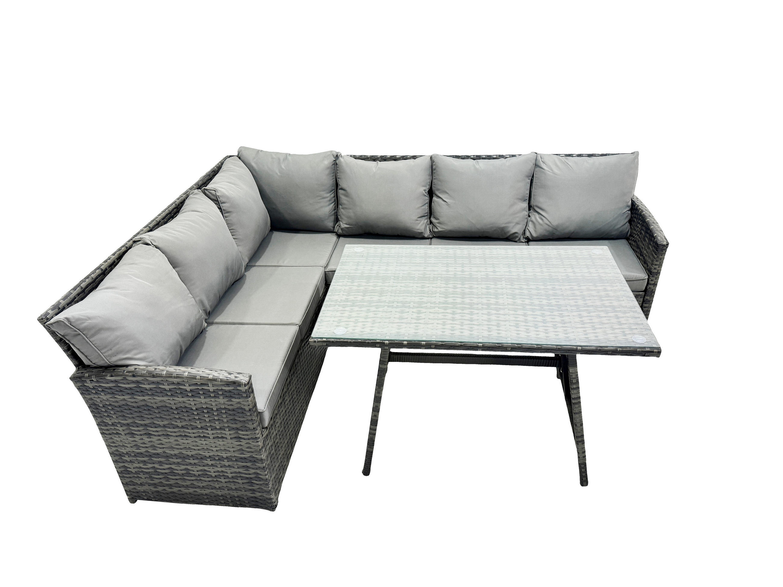 SITZGRUPPE mit Ecksofa Polyrattan Dunkelgrau 6-Sitzer - Dunkelgrau/Grau, Glas/Kunststoff - Fimous