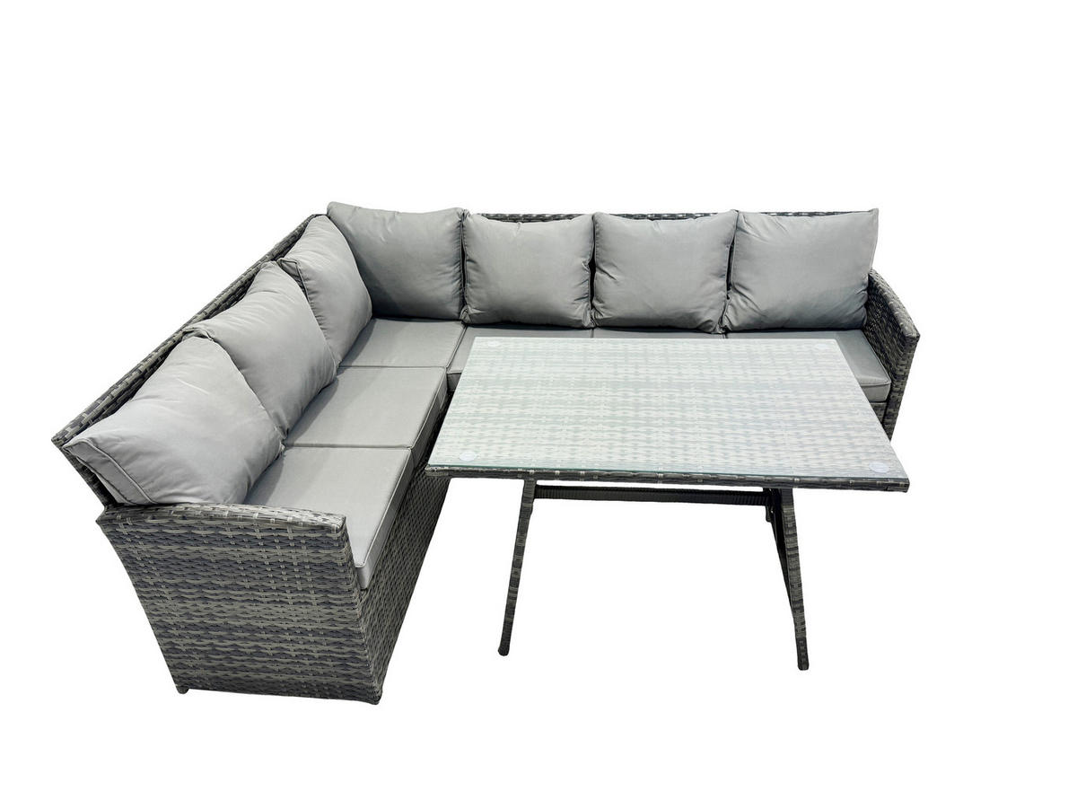 SITZGRUPPE mit Ecksofa Polyrattan Dunkelgrau 6-Sitzer - Dunkelgrau/Grau, Glas/Kunststoff - Fimous