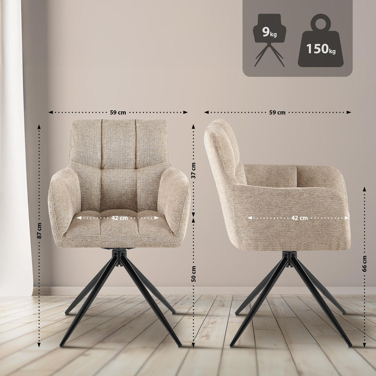 ARMLEHNENSTUHL 2er Set Stoff Hellbraun - Hellbraun/Schwarz, Textil/Metall (59/87/59cm) - CLP