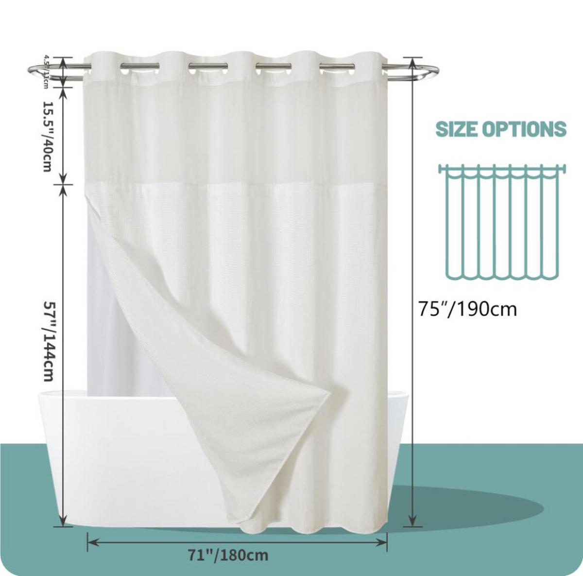 DUSCHVORHANG Waffelstruktur dick Badezimmer Farbe groß Ring - Weiß, Textil (180/196cm) - MCBOSON