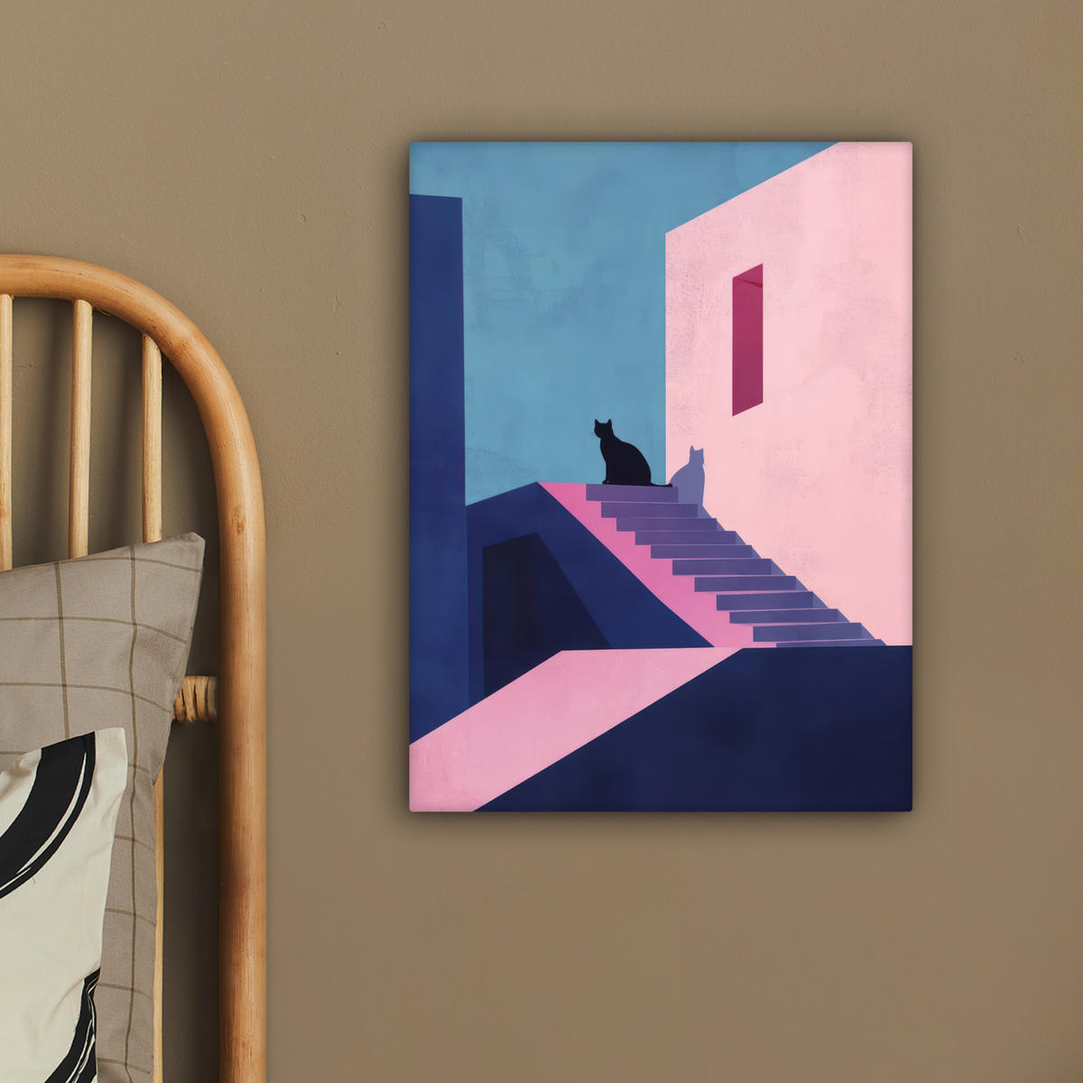 LEINWANDBILD Katze - Treppe - Gebäude - Schattenkontraste Room Decor 30x40 cm - Dunkelblau, Textil (30/40cm) - MuchoWow