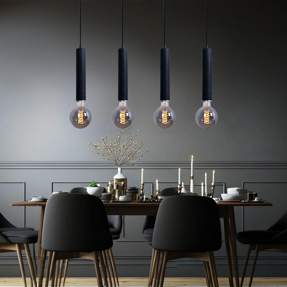 LED HÄNGELEUCHTE Metall Holzoptik Schwarz 4-flammig - Schwarz, Holz (93/10/120cm) - Globo Lighting