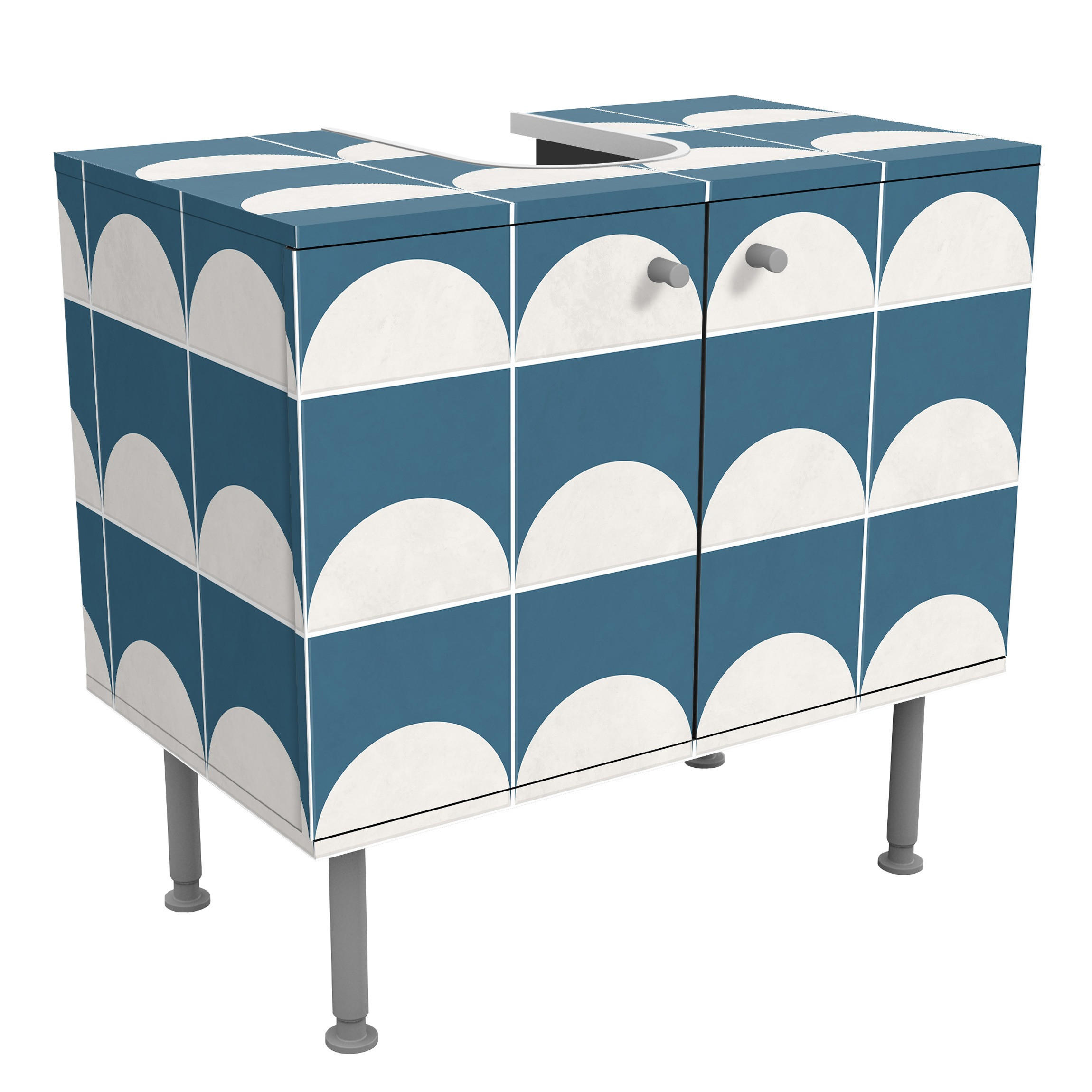 WASCHBECKENUNTERSCHRANK Fliesen mit Halbkreisen Blau 60/55/35 cm - Blau, Holzwerkstoff (60/55/35cm) - Bilderwelten