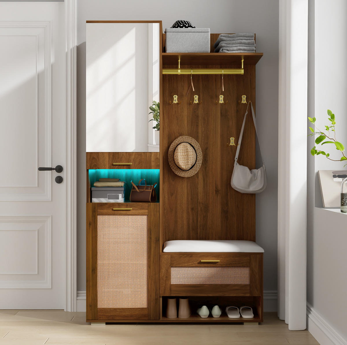 GARDEROBE 110/190/38 cm Walnuss/Weiß aus MDF und Spanplatte mit Spiegel und LED-Beleuchtung - Walnussfarben, Holzwerkstoff (38/190/110cm) - OKMYHOME