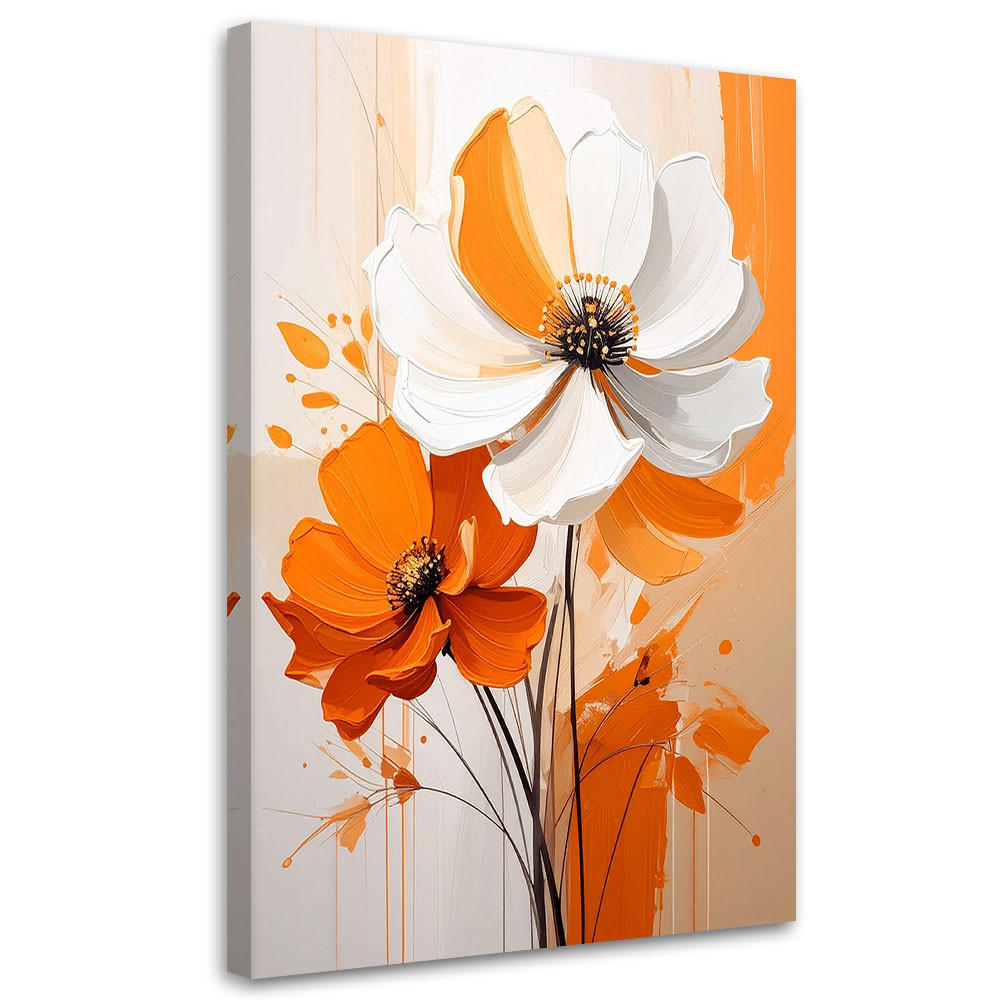 BILD auf Leinwand, Weiße und orangefarbene Blüten in einer modernen Komposition - Orange, Textil (20/30cm) - Feeby