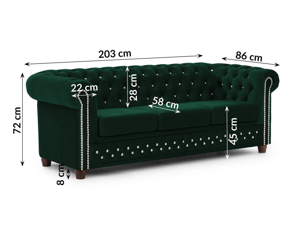 CHESTERFIELD-SOFA 3-sitzer Cleo Blink Flasche Grün Samt mit Kristallsteppung und braunen Massivholzfüßen - Braun/Grün, Holz/Textil (203/72/86cm) - S-Style Möbel