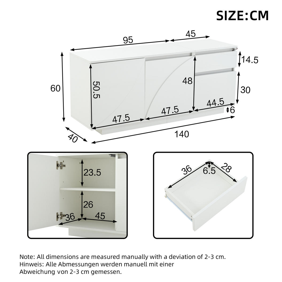 SIDEBOARD Weiß Hochglanz mit LED & 3 Türen 1 Schublade 140×40×60 cm - Weiß, Holzwerkstoff (140/60/40cm) - Urban Meuble