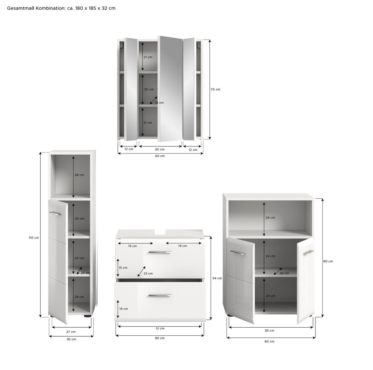 BADMÖBEL Set 4-teilig weiß Hochglanz, Badkombination 180 cm mit viel Stauraum - Weiß Hochglanz/Silberfarben, Glas/Holzwerkstoff (180/185/30cm) - Inn.Furn