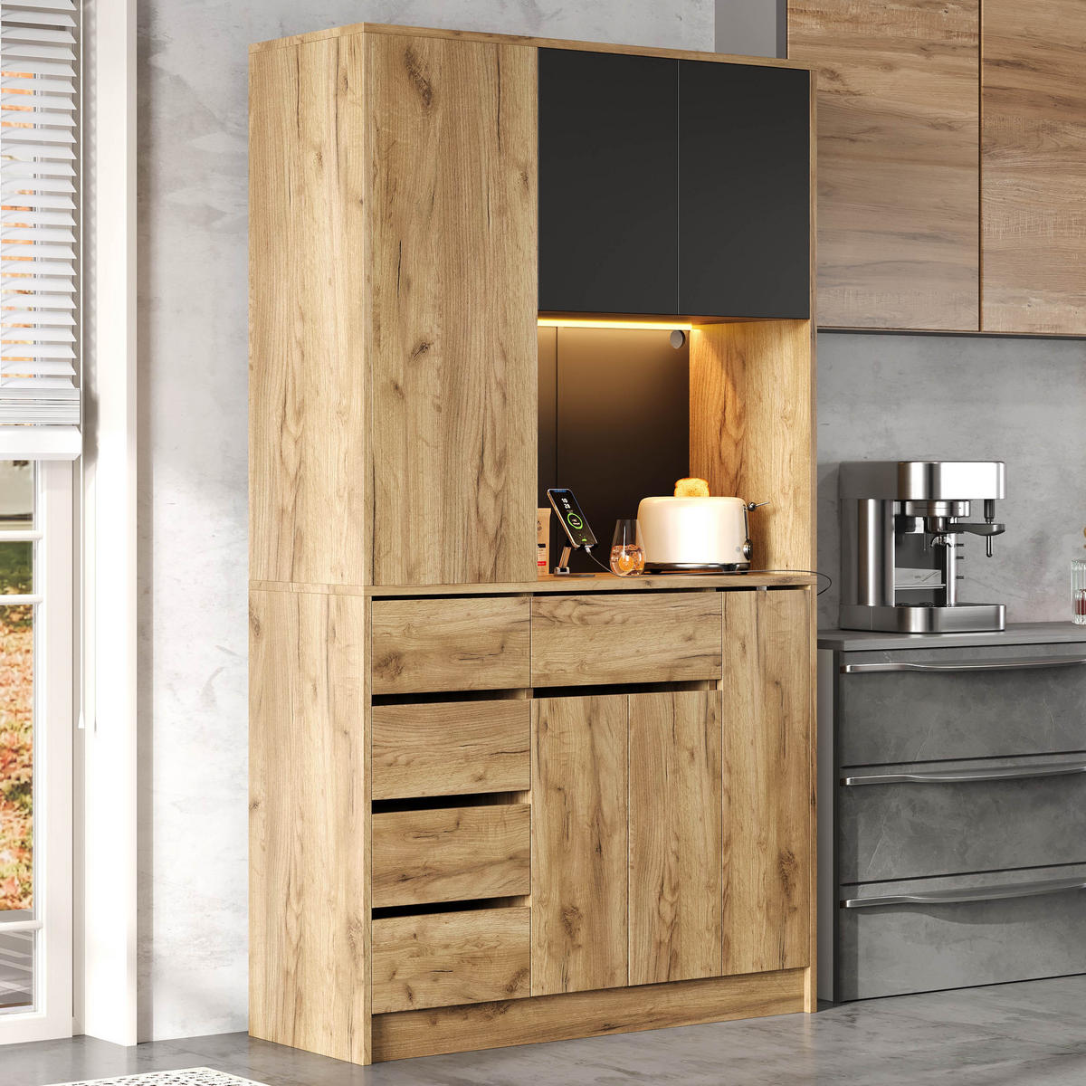 BUFFETSCHRANK schwarz-natur aus MDF mit App-Farbwechsel-LED und integrierter Steckdosenleiste 105 × 40 × 185 cm - Naturfarben, Holzwerkstoff (105/185/40cm) - Luhomfu