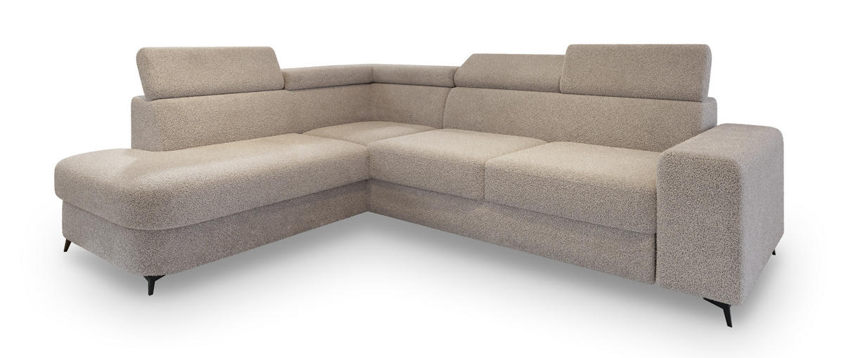 ECKSOFA ALVORO L-S Beige Boucle-Stoff mit Schlaffunktion - Beige, Holz (253/190cm) - MASSENO