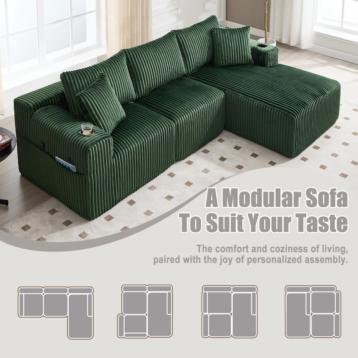 ECKSOFA Cordstoff 257 x 160 cm mit Getränkehalter - Smaragdgrün, Textil (160/257cm) - Raelunyi