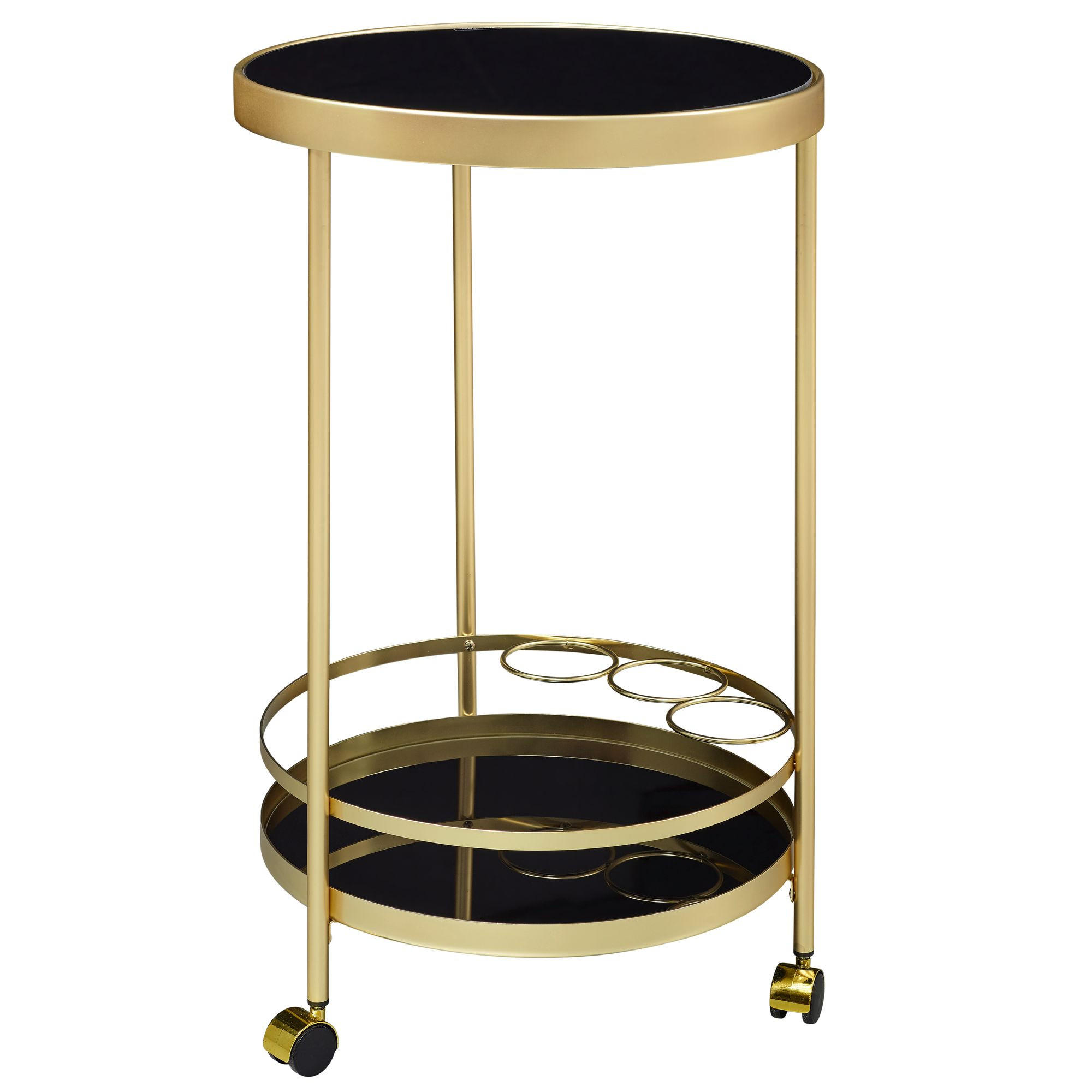 SERVIERWAGEN – Gold, Ø 45 cm, Schwarzglas, 2 Ebenen, auf Rollen - Goldfarben, Glas/Metall (45/76/45cm) - KADIMA DESIGN