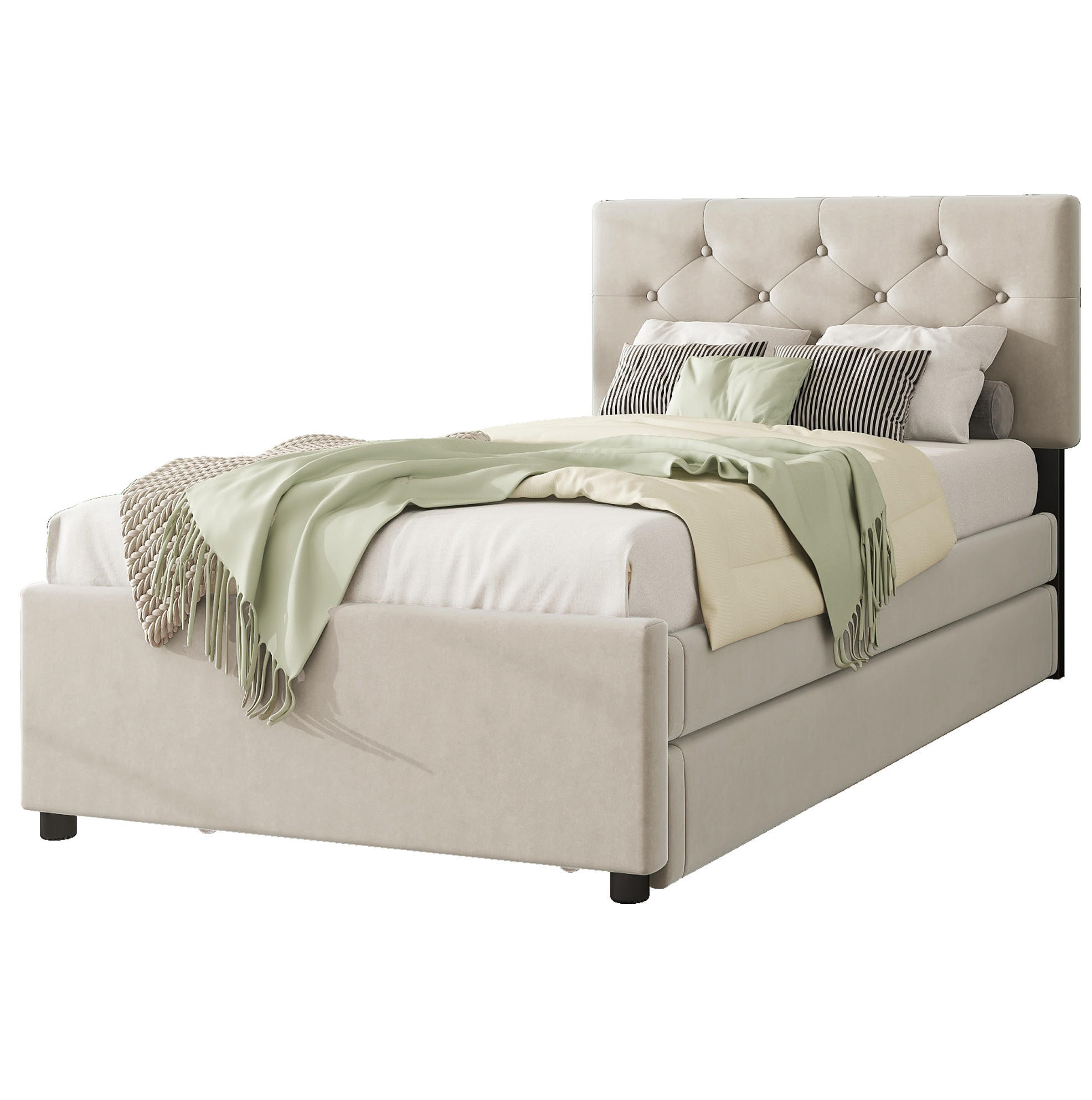 POLSTERBETT 90/200 cm mit Lattenrost, ausziehbarem Rollbett und Samtbezug, Beige - Beige, Textil (90/200cm) - Redom