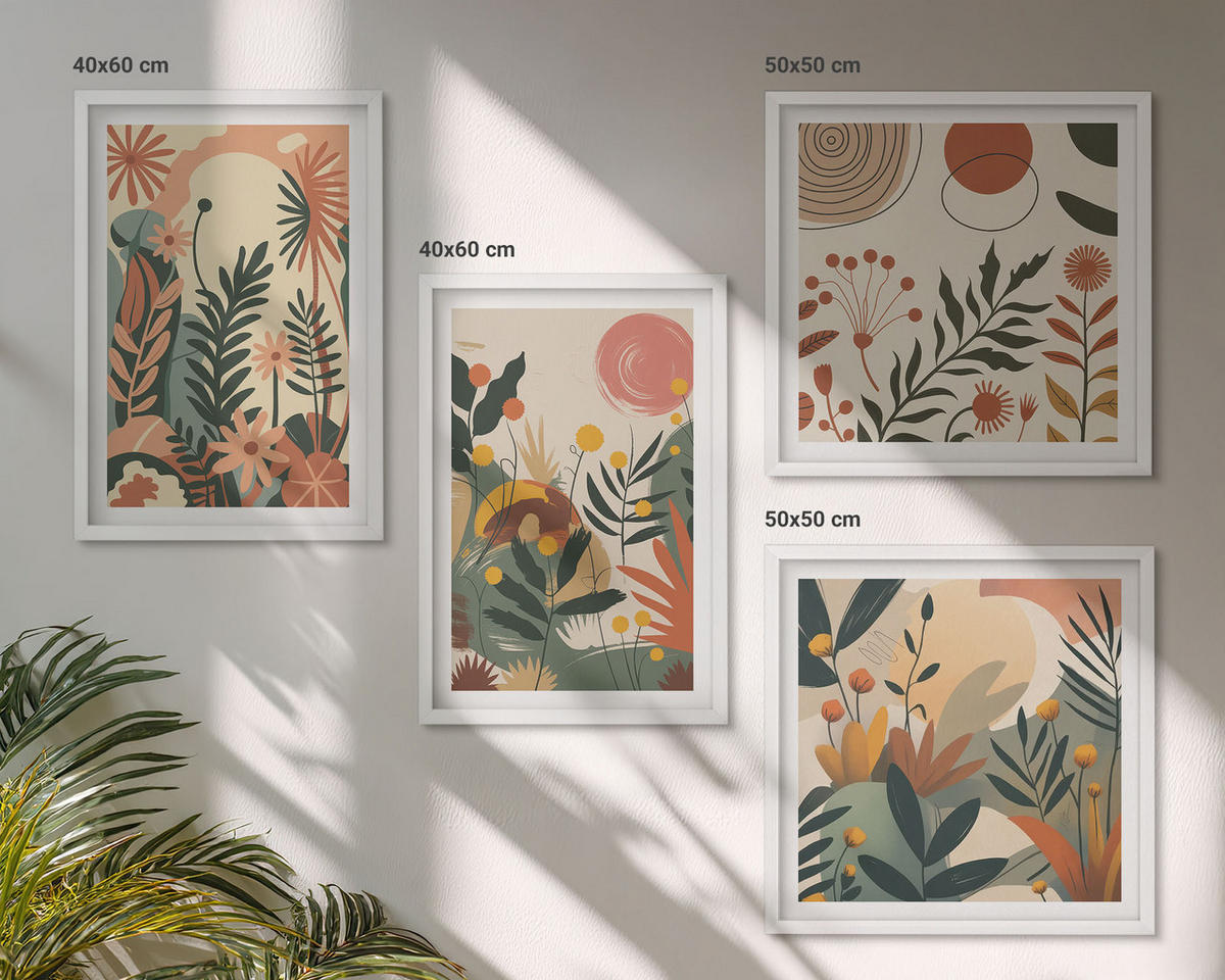 WANDBILDER 4er-Set - 50x50 cm & 40x60 cm Weißer Rahmen - Pastellfarbene Pflanzenmuster - Weiß, Kunststoff (50/50cm) - ArtPrintCave