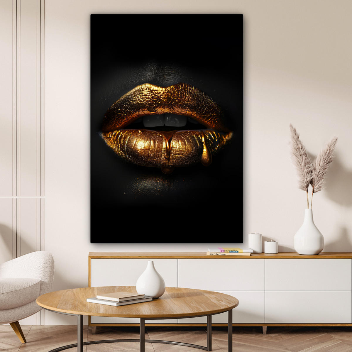 LEINWANDBILD Frau - Porträt - Lippen - Gold - Schwarz 90x140 cm - Schwarz, Textil (90/140cm) - MuchoWow