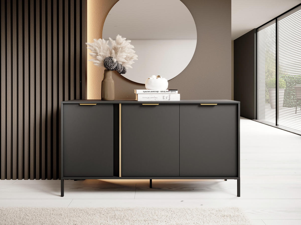 SIDEBOARD Catanian 3T Grau 153,1/81,4/39,5 cm – mit goldenen Griffen und schwarzen Beinen - Schwarz/Grau, Holzwerkstoff/Metall (153.1/81.4/39.5cm) - AX Living