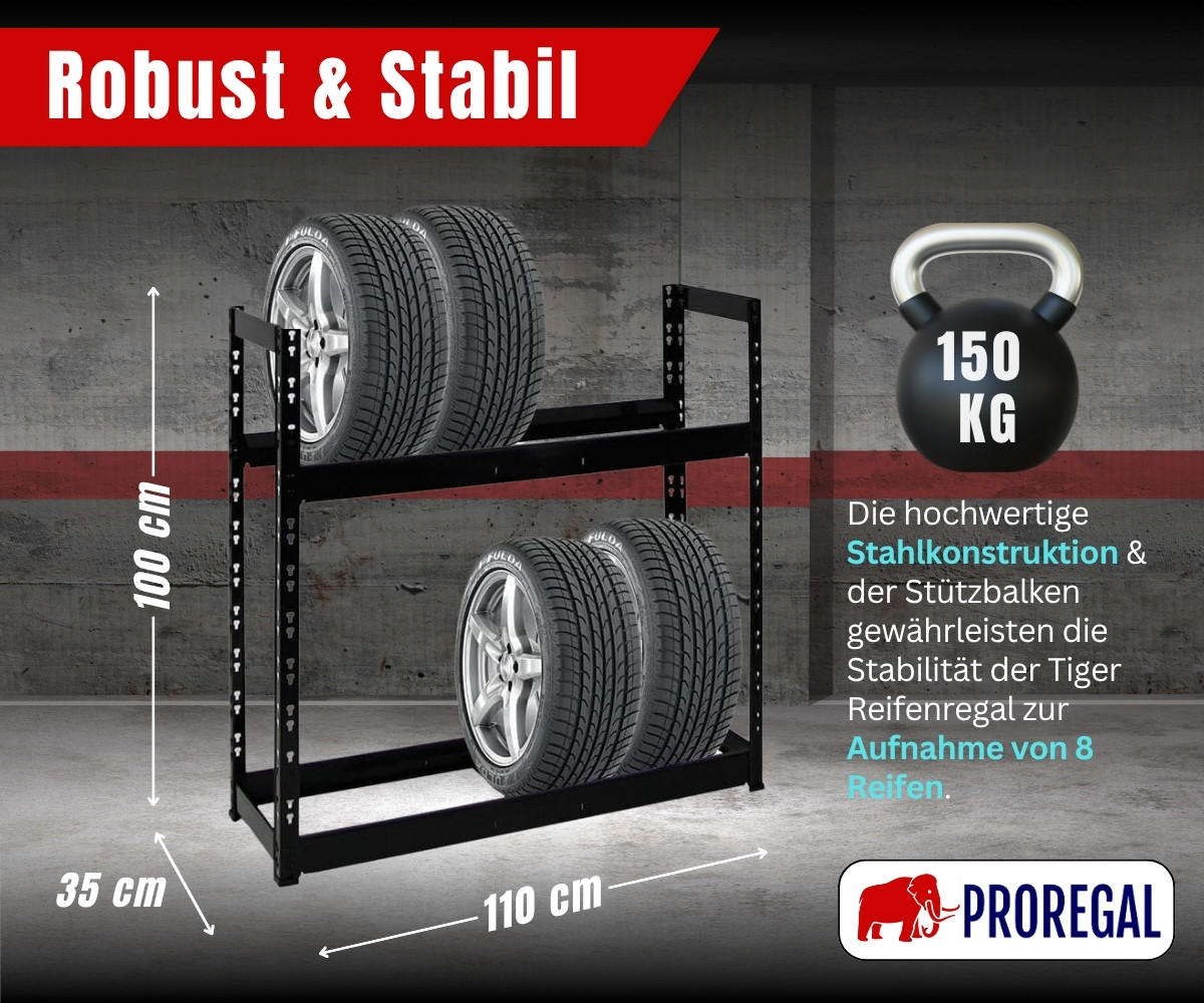 REIFENREGAL Tiger 100x110x35 cm 150 kg Fachlast bis zu 8 Reifen auf 2 Ebenen Schwarz - Schwarz, Metall (110/100/35cm) - PROREGAL