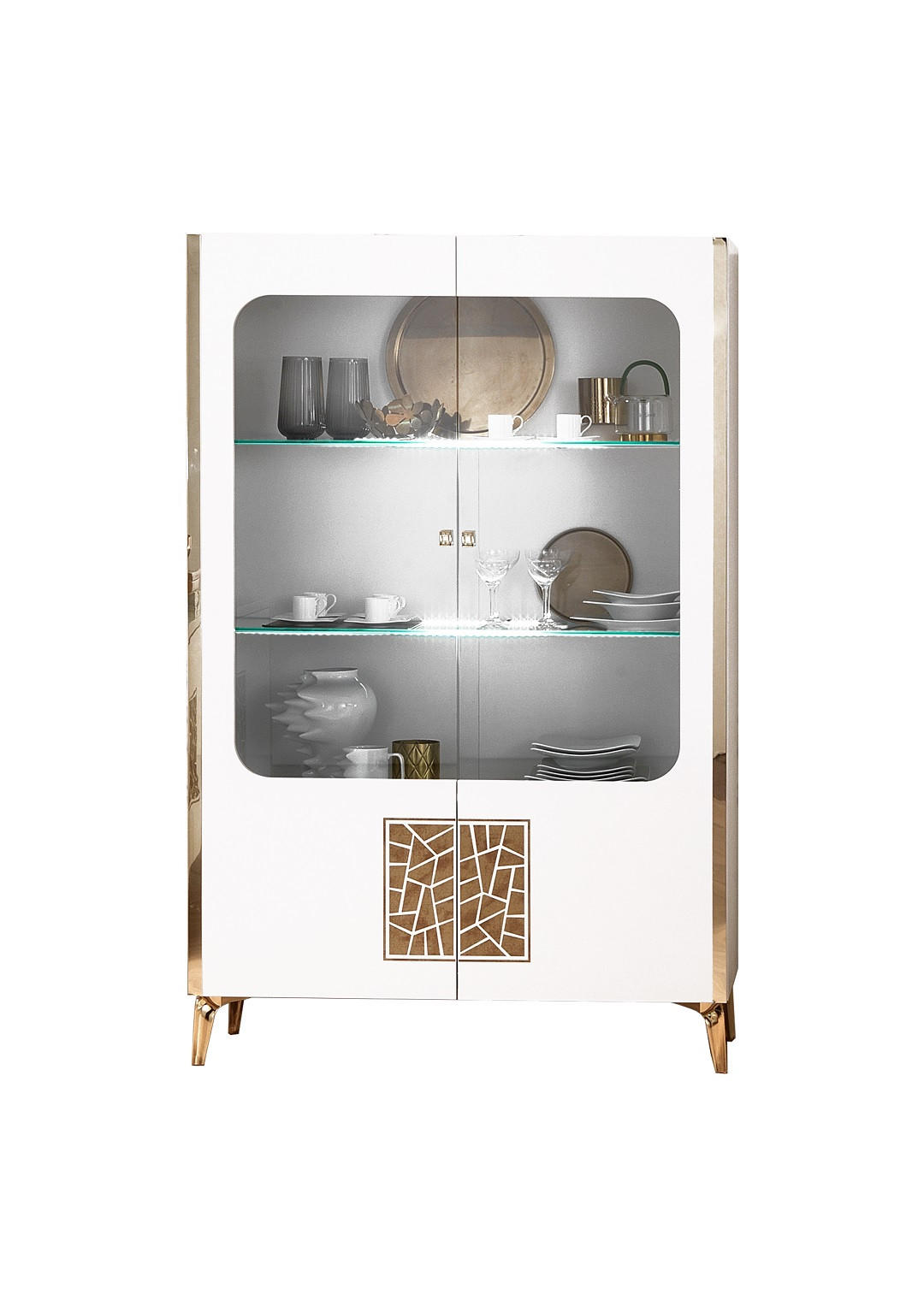 Interdesign24 Vitrine Weiß Hochglanz, Gold 116x181x45 cm