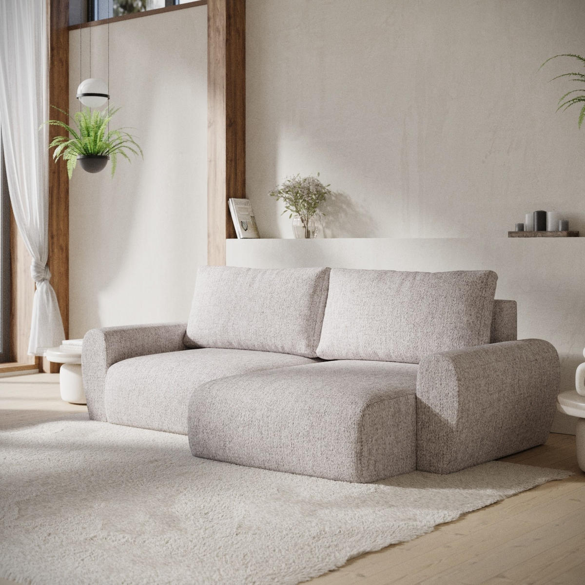 ECKSOFA OMARI mit Schlaffunktion Beige im Neve Stoff - Beige/Schwarz, Holz/Holzwerkstoff (253/153cm) - AltaBeds