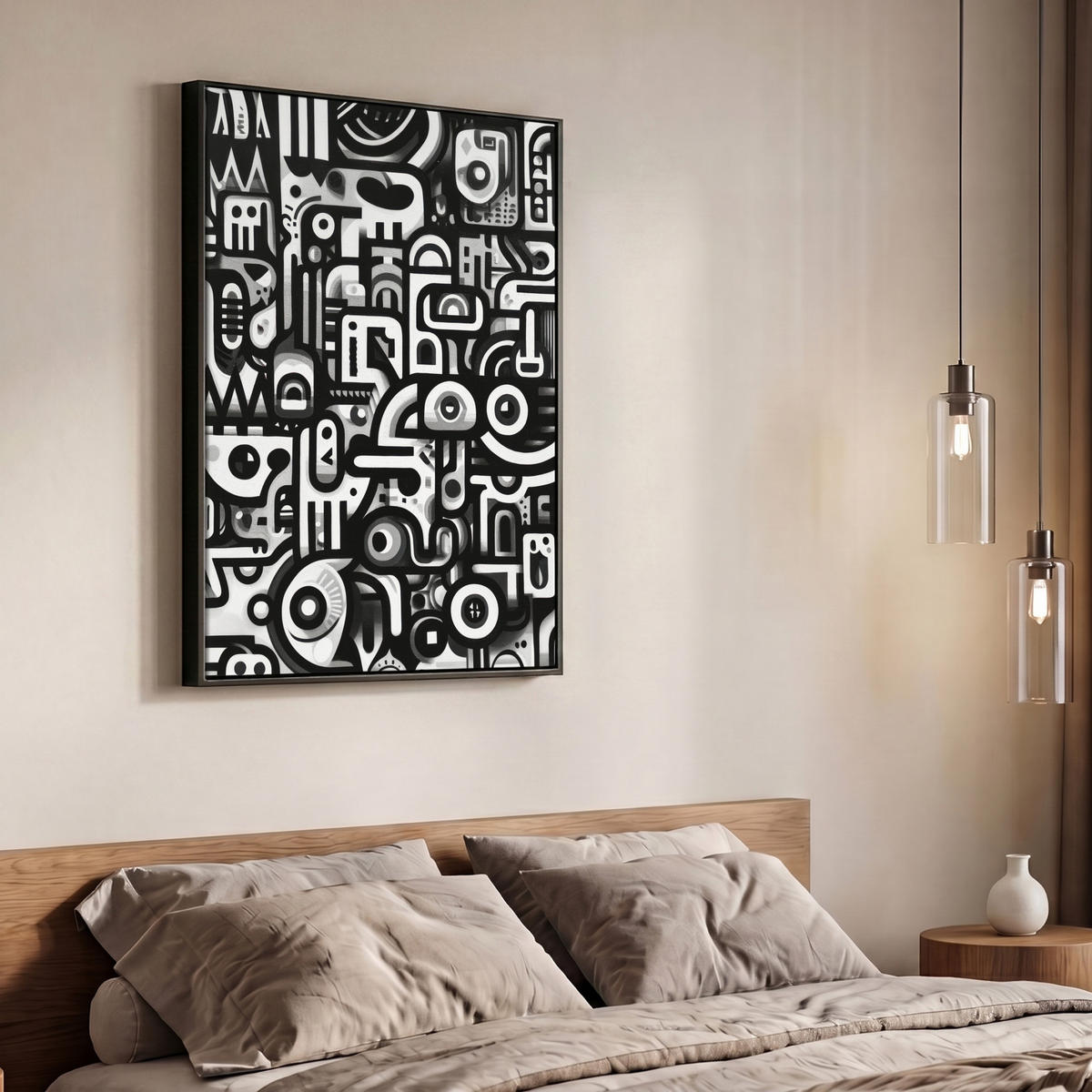 LEINWAND Bilder mit Rahmen - Symbole - Abstrakt - Grafik - Schwarz - 70x100 - Schwarz, Textil (70/100cm) - MuchoWow