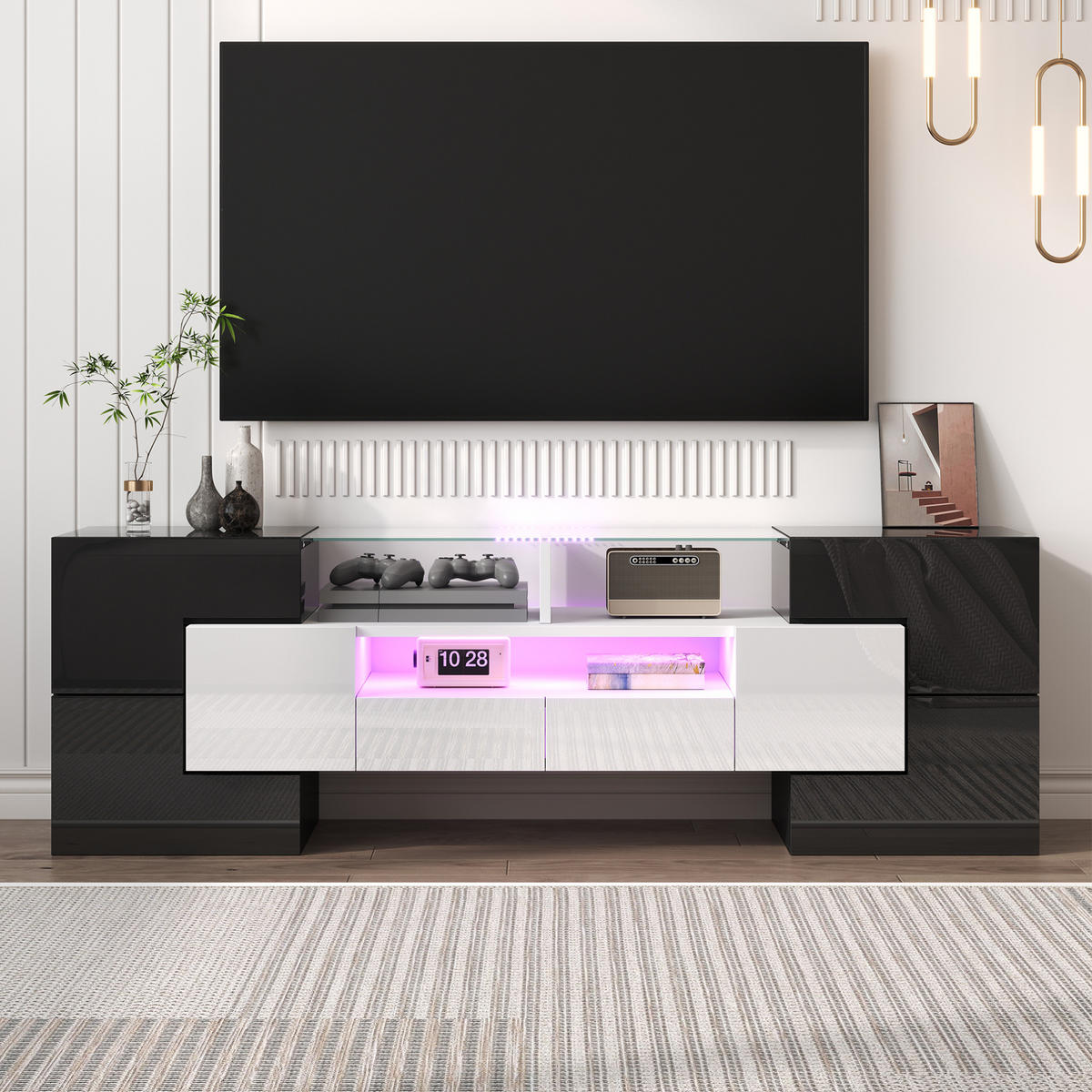 LOWBOARD 145/30/51 cm aus Holzwerkstoff mit LED-Beleuchtung Weiß/Schwarz - Weiß, Holzwerkstoff (145/51/30cm) - Modenvie