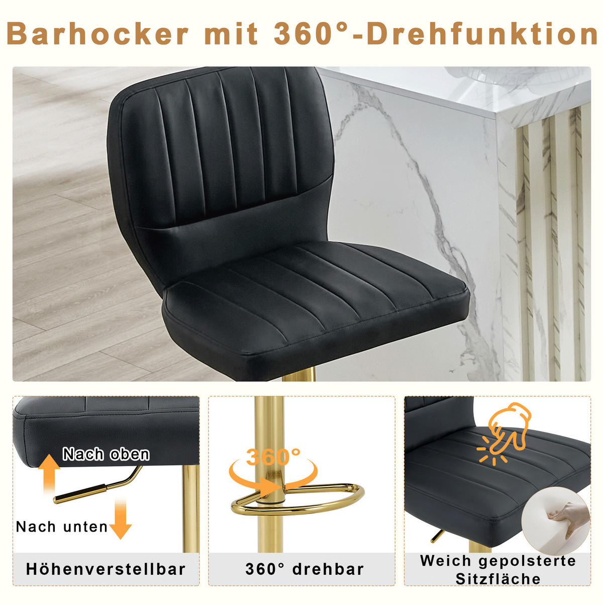 BARHOCKER höhenverstellbar 360° drehbar 52 x 45 x 93-114 cm Gold/Schwarz - Goldfarben, Metall (45/114/52cm) - Meubliv