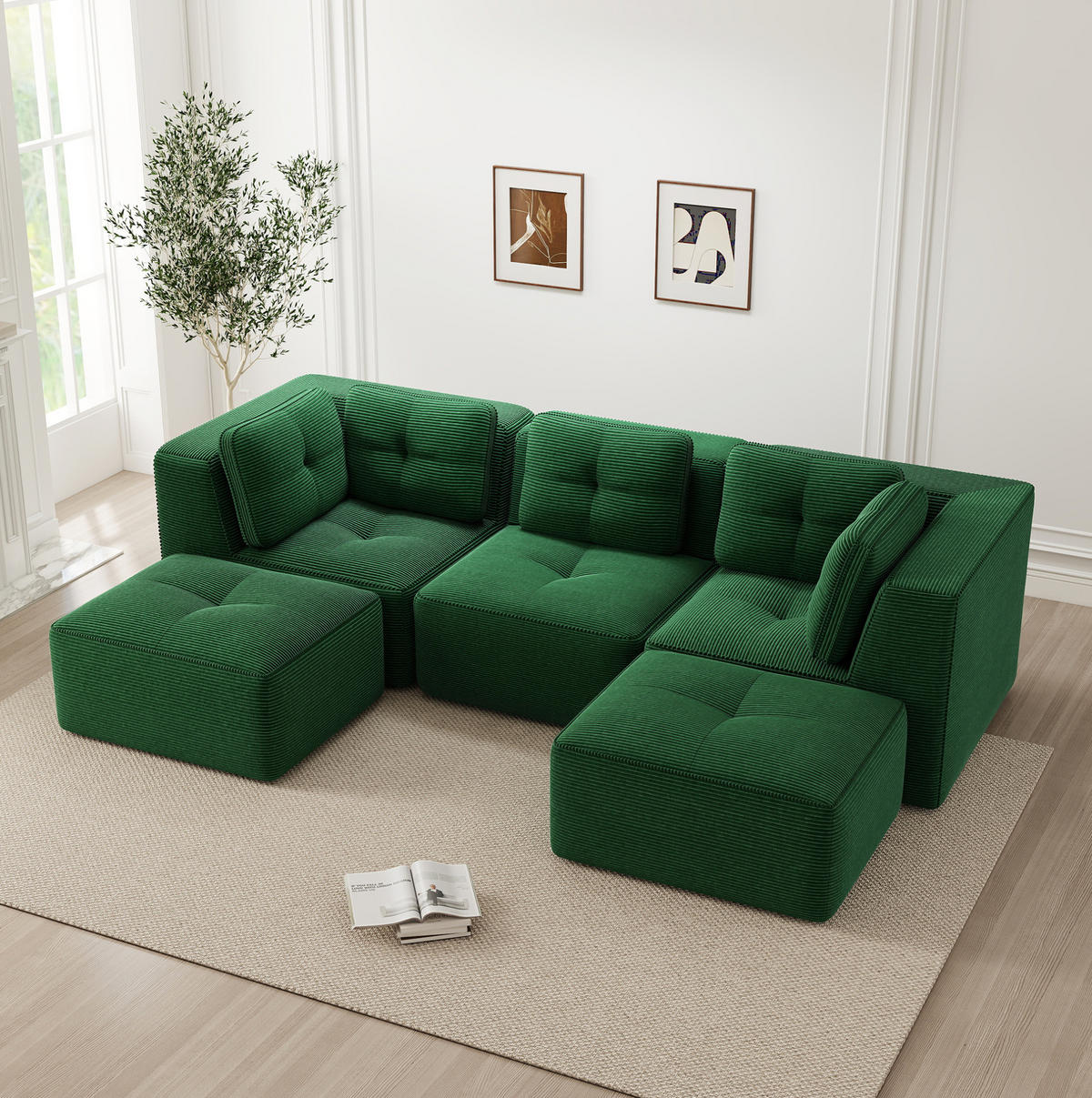 ECKSOFA 297/177/69 cm grün aus Cord mit modularem Design und tiefer Sitzfläche - Grün, Textil (177/297cm) - OKWISH