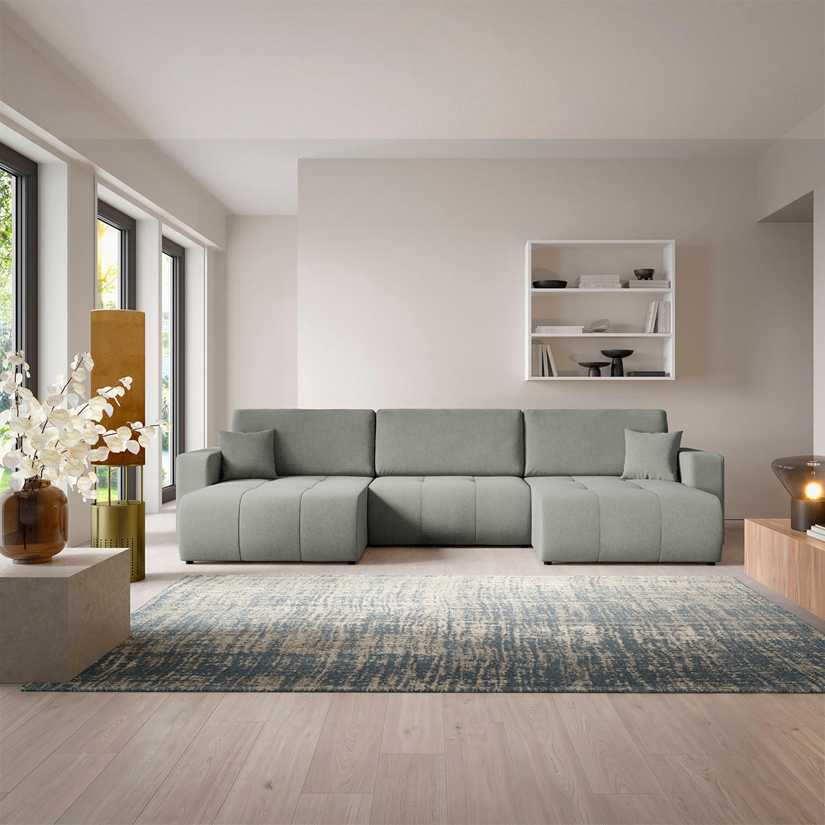 PANORAMASOFA Giulia 5 Sitzplätze Grau - Grau, Holz (344/82/149cm) - Petits-meubles