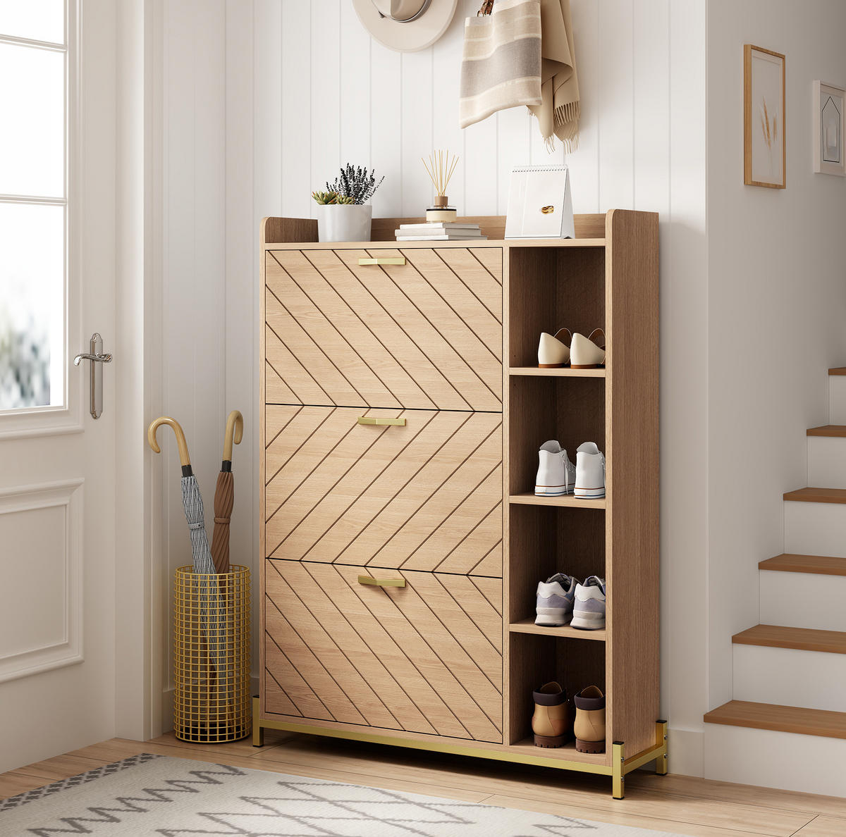 SCHUHSCHRANK mit Klapptüren 90 x 24 x 119 cm MDF Natural - Naturfarben, Holz (24/119/90cm) - Beauniv