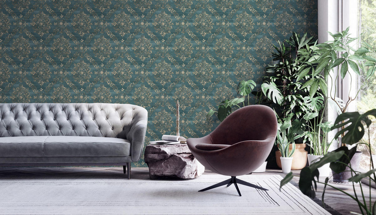 VLIESTAPETEN Barock Petrol Gold – Edles Ornament & Vinyl-Struktur - Goldfarben/Petrol, Papier (530/10050cm) - Livingwalls