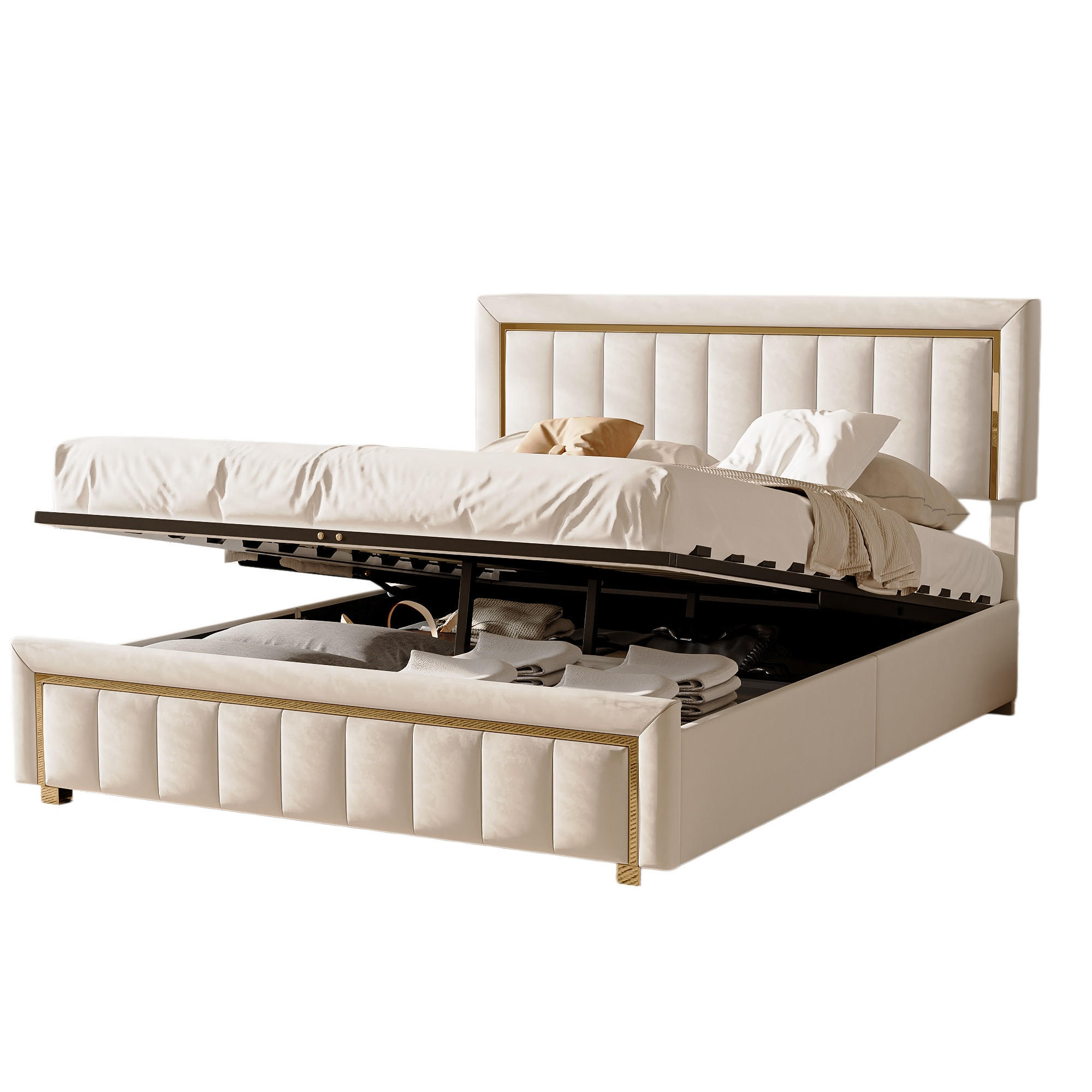 POLSTERBETT 140/200cm, mit hydraulischem Stauraum, Lattenrost, Polsterbett aus Samt, Beige - Beige, Holzwerkstoff (140/200cm) - Brevoria