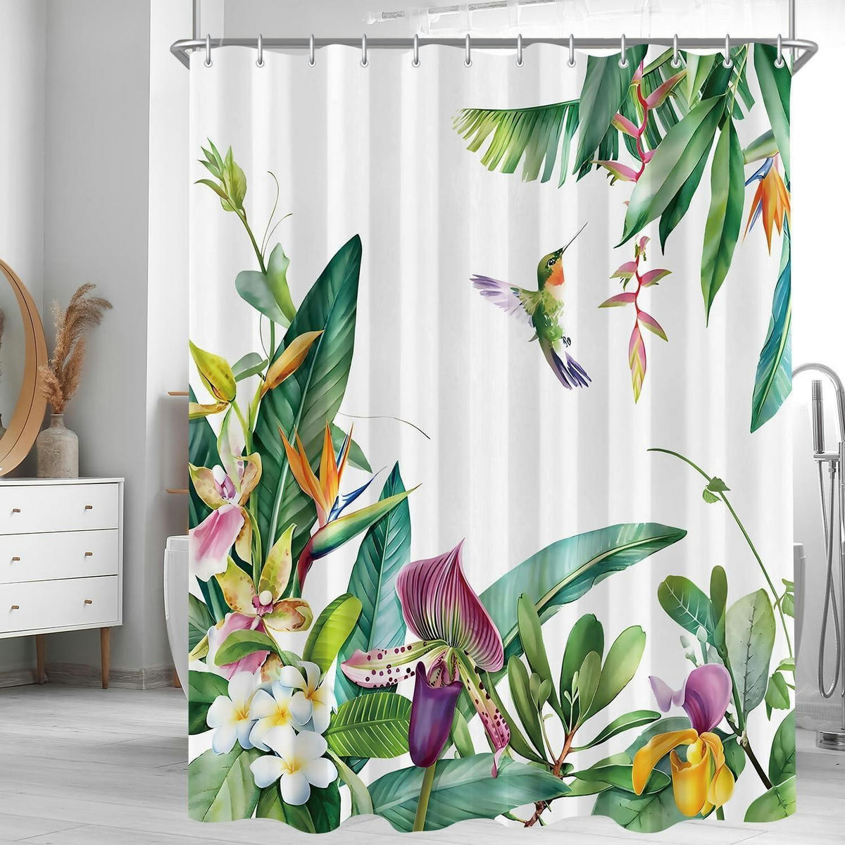 DUSCHVORHANG Grüne Blätter Vogel 180 x 200 cm - Multicolor, Textil (180/200cm)