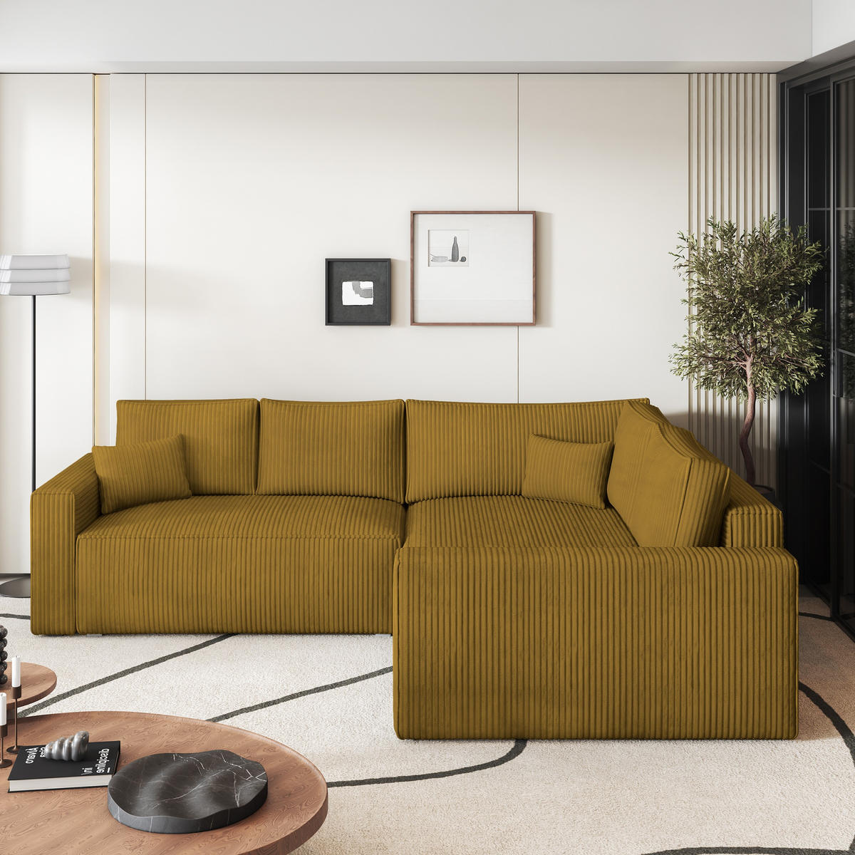 ECKSOFA ERONIS R-S Gelb Kordstoff mit Schlaffunktion - Gelb, Holz (265/194cm) - MASSENO