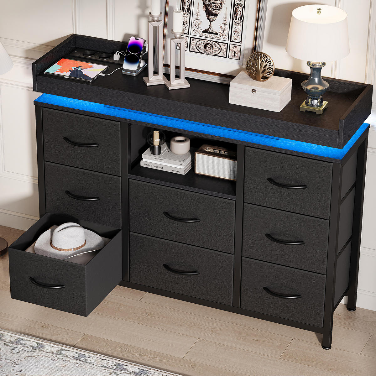 KOMMODE Schwarz mit 8 Stoffschubladen & LED-Beleuchtung - Schwarz, Holzwerkstoff (30/82/108cm) - SHOPENTRA