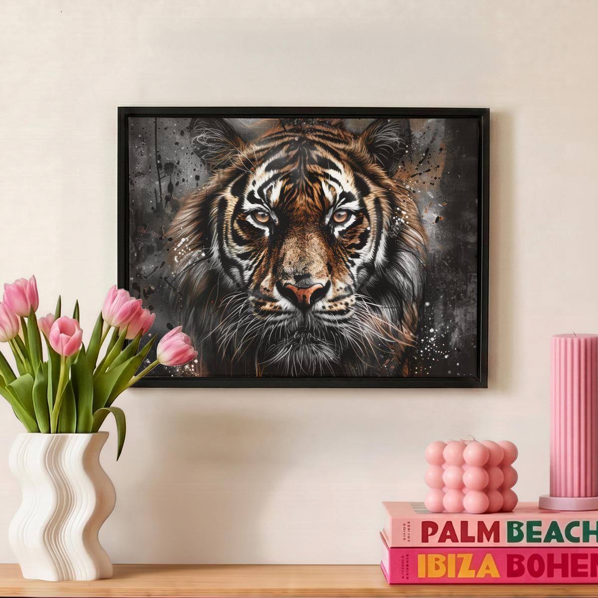 LEINWAND Bilder mit Rahmen - Tiger - Tiere - Porträt - Luxus - Schwarz - 40x30 - Braun, Textil (40/30cm) - MuchoWow
