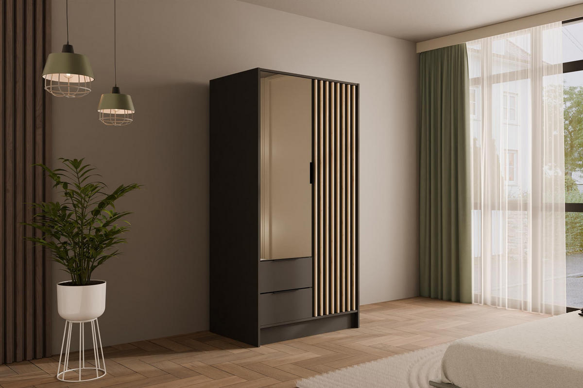 KLEIDERSCHRANK NELIA - 120 cm - Graphitfarben/Eiche Artisan, Holzwerkstoff (102/200/51cm) - ALTDECOR