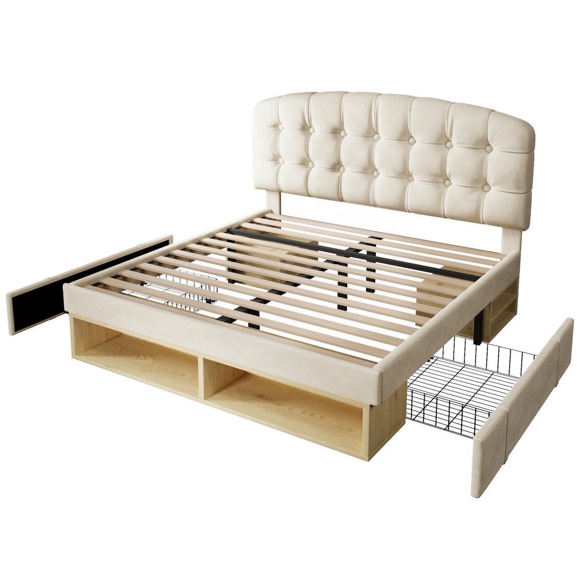 BETT mit Schubladen 140x190 cm Samt Beige - Beige, Metall (140/190cm) - Meubliv