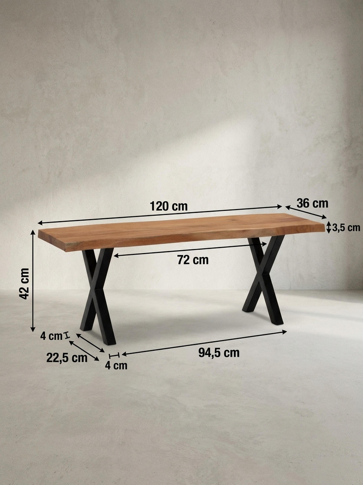 SITZBANK – Akazie/Massivholz/Metall, 120x40x45,5 cm, Baumkante, ohne Lehne - Schwarz/Braun, Holz/Metall (120/46/40cm) - KADIMA DESIGN