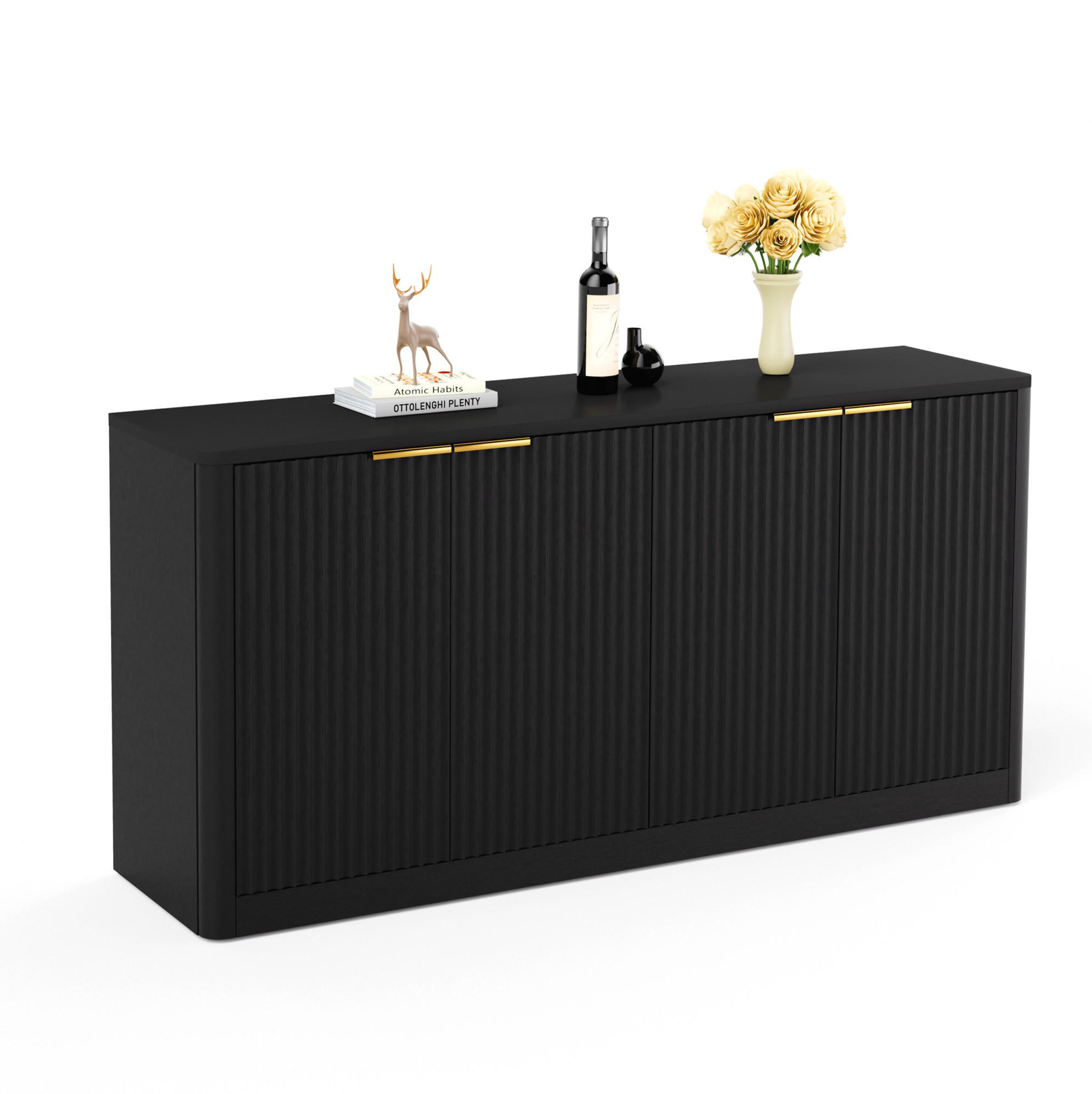 Modfu KOMODA z MDF 150x40x70,5 cm černá se 4 dvířky, vlnitým designem a velkým úložným prostorem