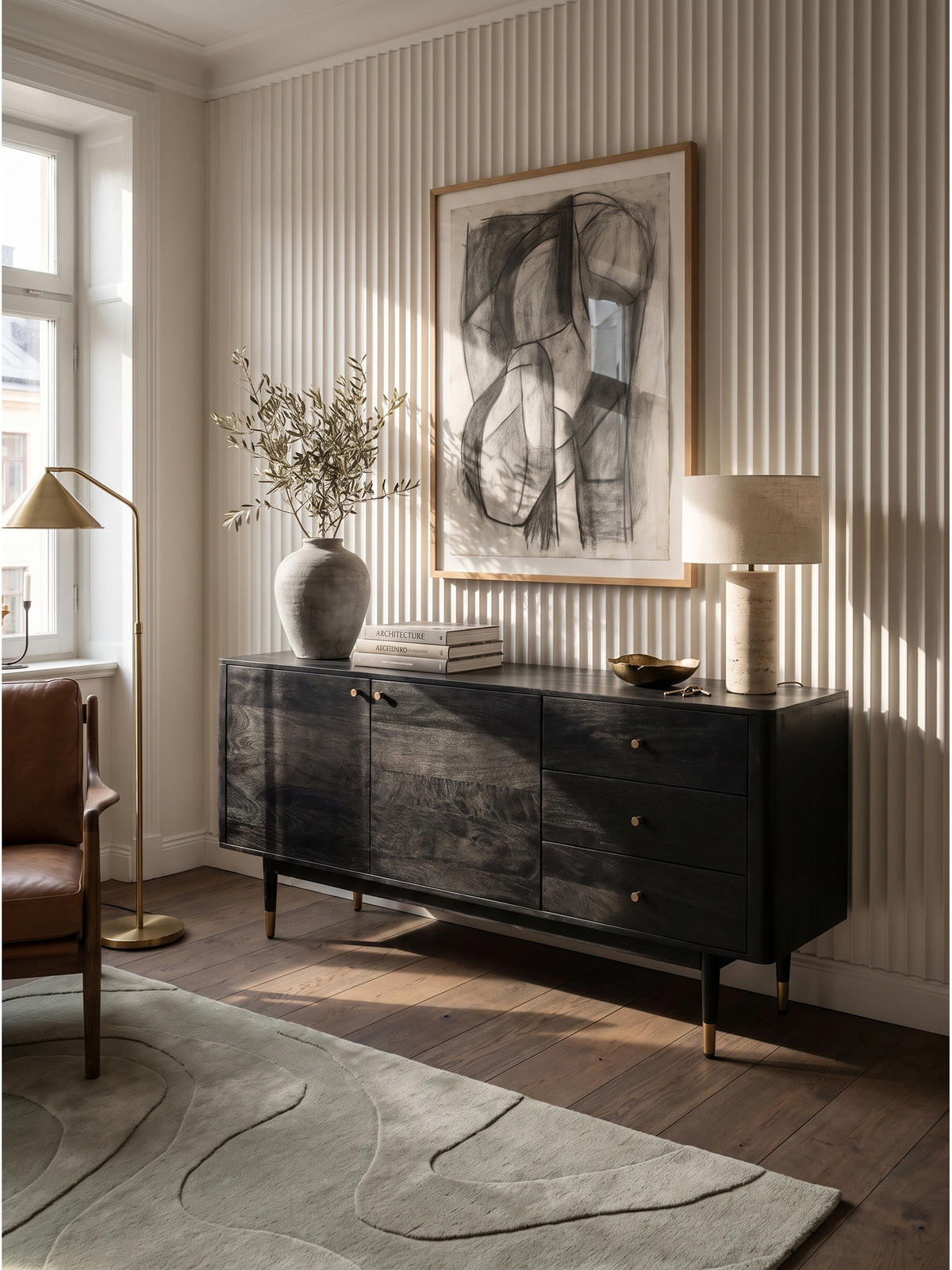 KOMMODE PANAREA, Akazie Massivholz, mit Stauraum, Schwarz, 160 x 42 x 81 cm - Schwarz, Holz/Metall (160/81/42cm) - KADIMA DESIGN
