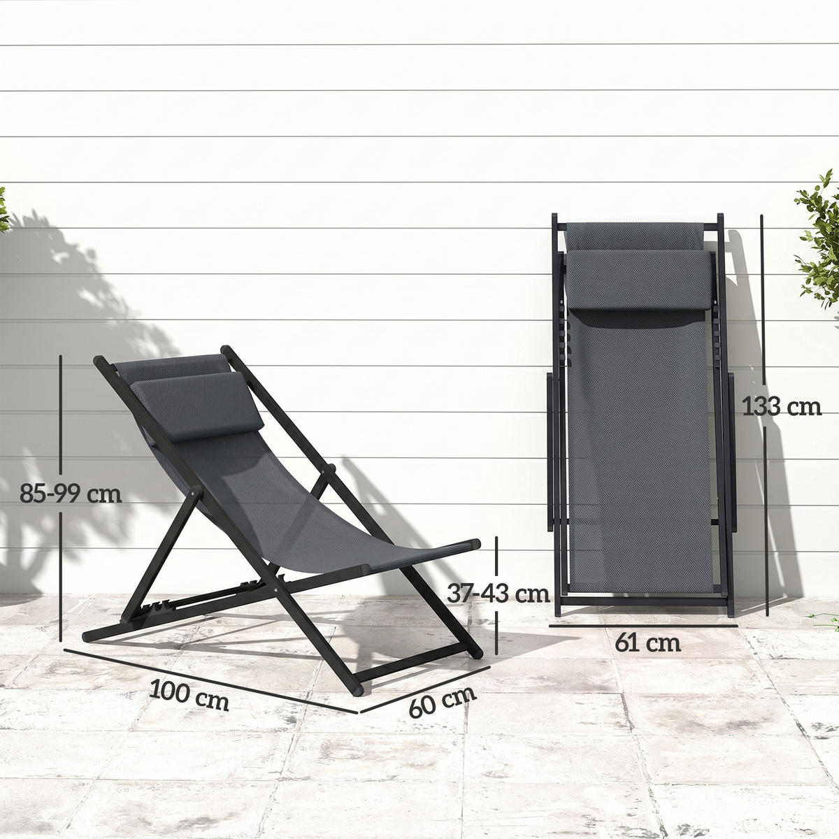 SONNENLIEGE 2er-Set DE-15639 klappbar, 5-fach verstellbar mit Kopfkissen Dunkelgrau - Dunkelgrau, Metall (60/85/100cm) - ComfortXL