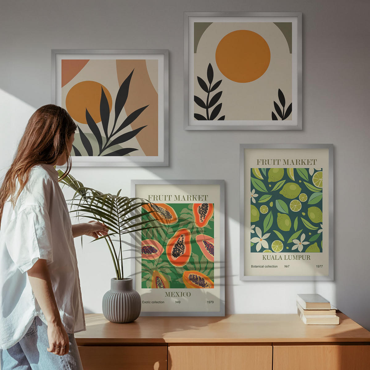 BILDER SET 4er Set - 50x50 cm & 40x60 cm Silberner Rahmen - Boho-Papaya-Fruchtmuster - Silberfarben, Kunststoff (50/50cm) - TULUP