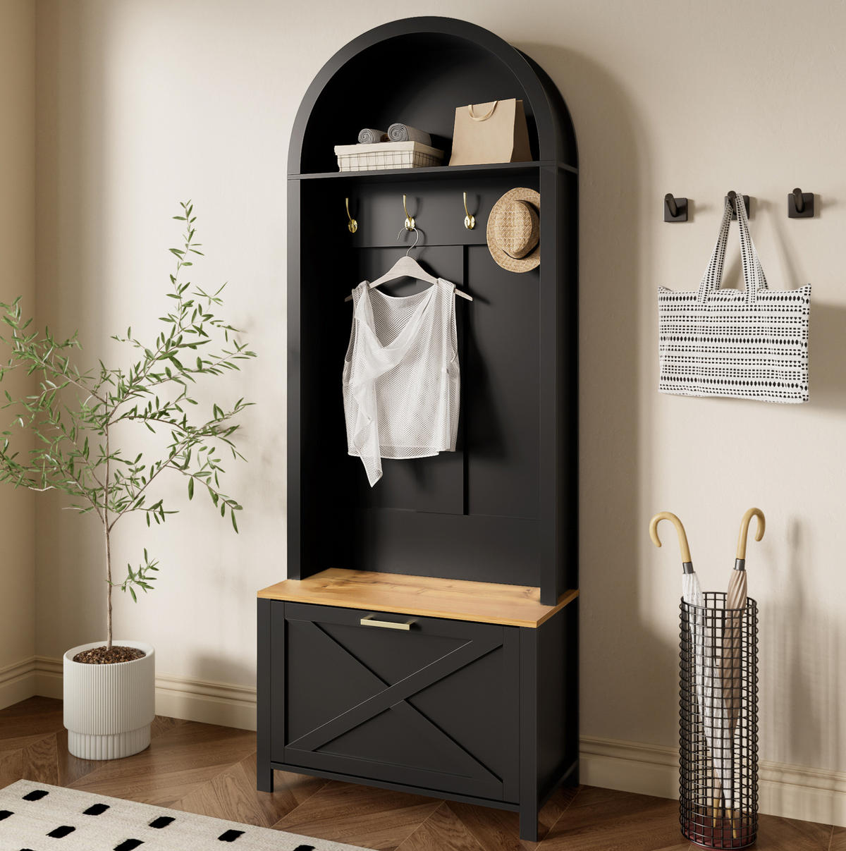 GARDEROBENSCHRANK mit Haken und Schuhfach 75 x 35 x 195 cm MDF Schwarz/Holzfarbe - Schwarz, Holzwerkstoff (35/195/75cm) - Beauniv