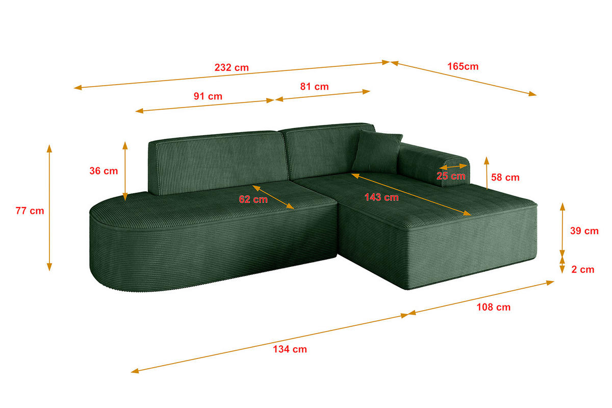 ECKSOFA Ottomane Rechts IREA-L1-v3 - 232x165x77 cm Grün - Currygelb, Holzwerkstoff/Textil (232/165cm) - ALTDECOR