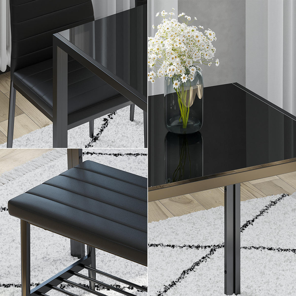ESSTISCH-SET Grand Schwarz 120 x 70 cm 4-teiliges Set - Schwarz, Metall (120/75/70cm) - Vicco