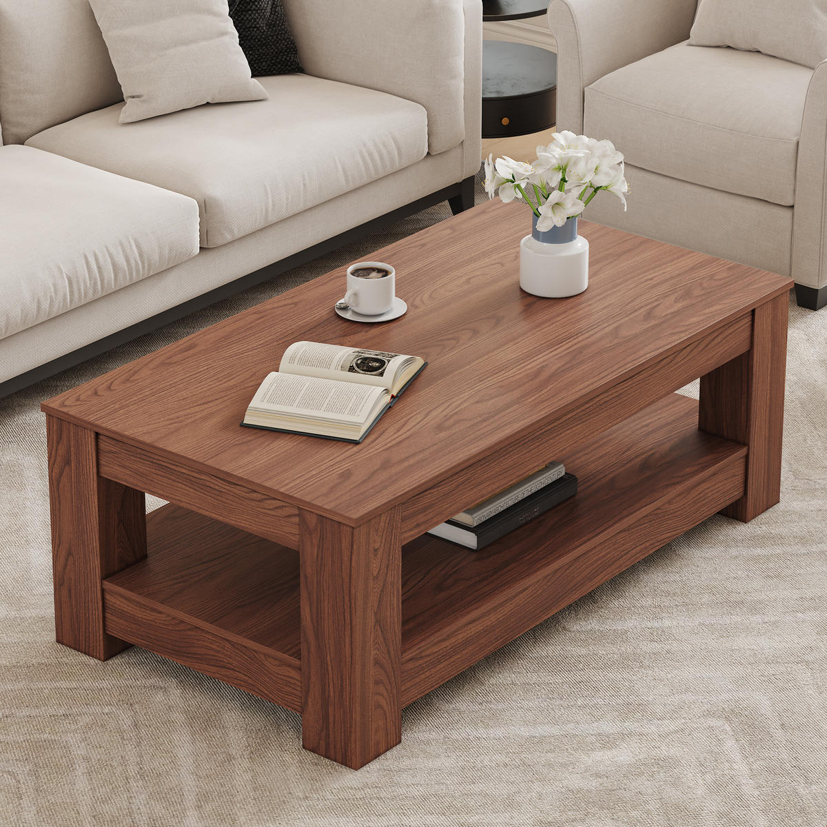 COUCHTISCH aus MDF in Walnuss 100x50x44.5 cm mit 2 Ebenen Stauraum - Walnussfarben, Holzwerkstoff (100/50/44.5cm) - Modfu